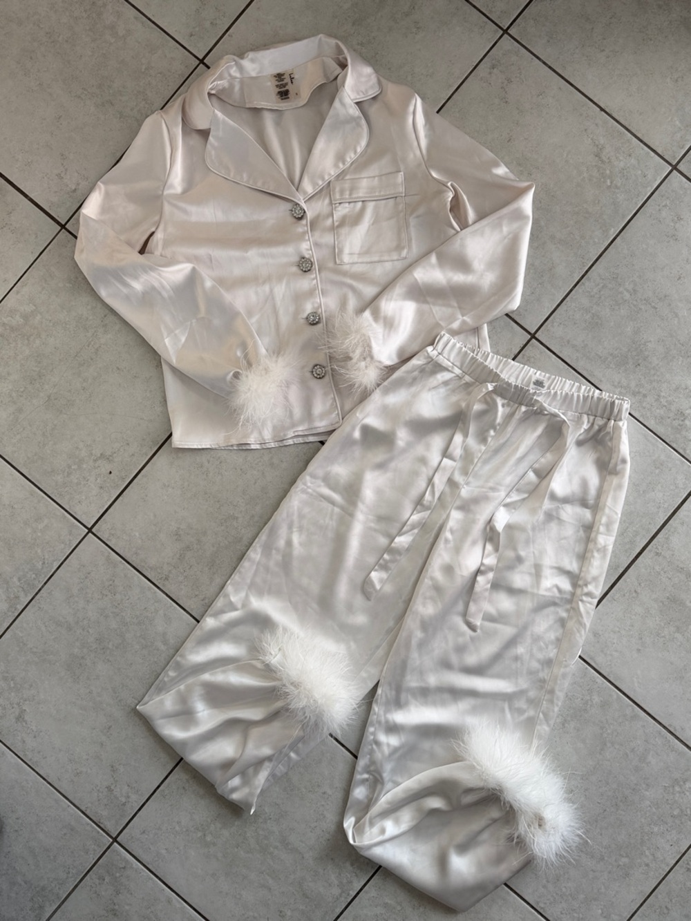Satin Feather-Trim Bridal Set